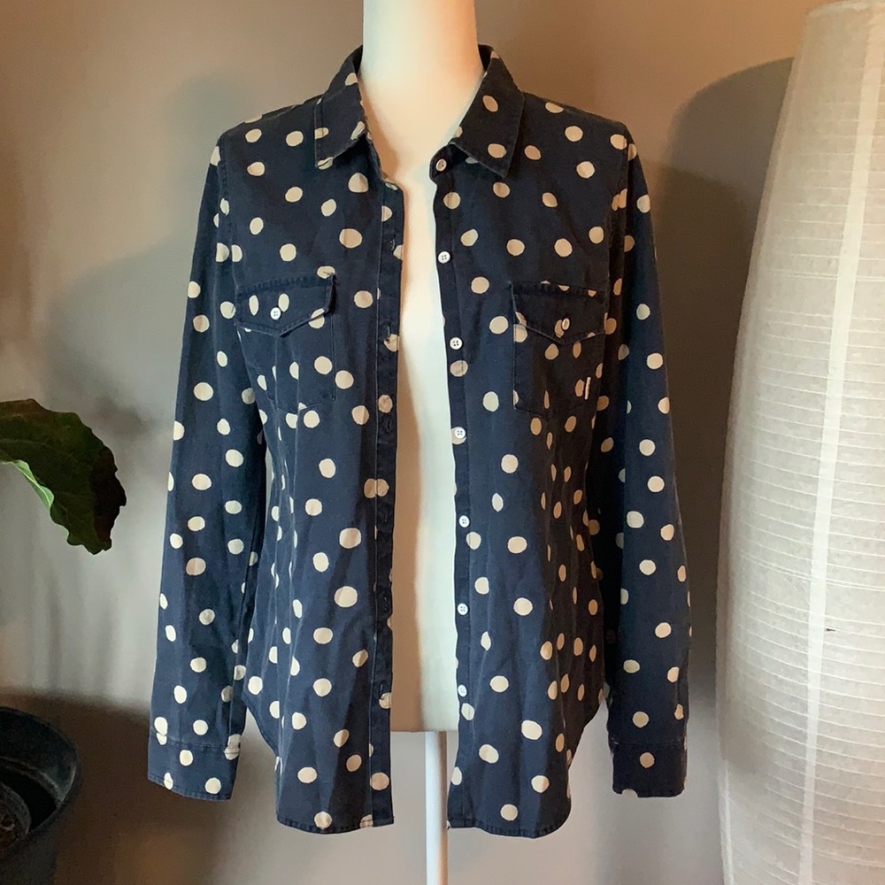 ROXY Women’s Blue Polka Dot Long Sleeve Button Down